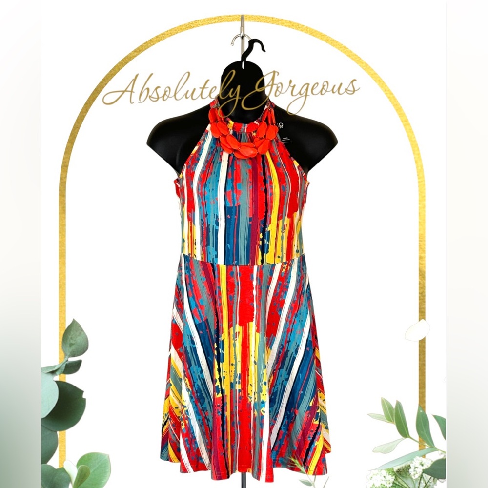 NWT OUGES Women's Halter Neck Multicolored Large Stretchable Casual Sundress